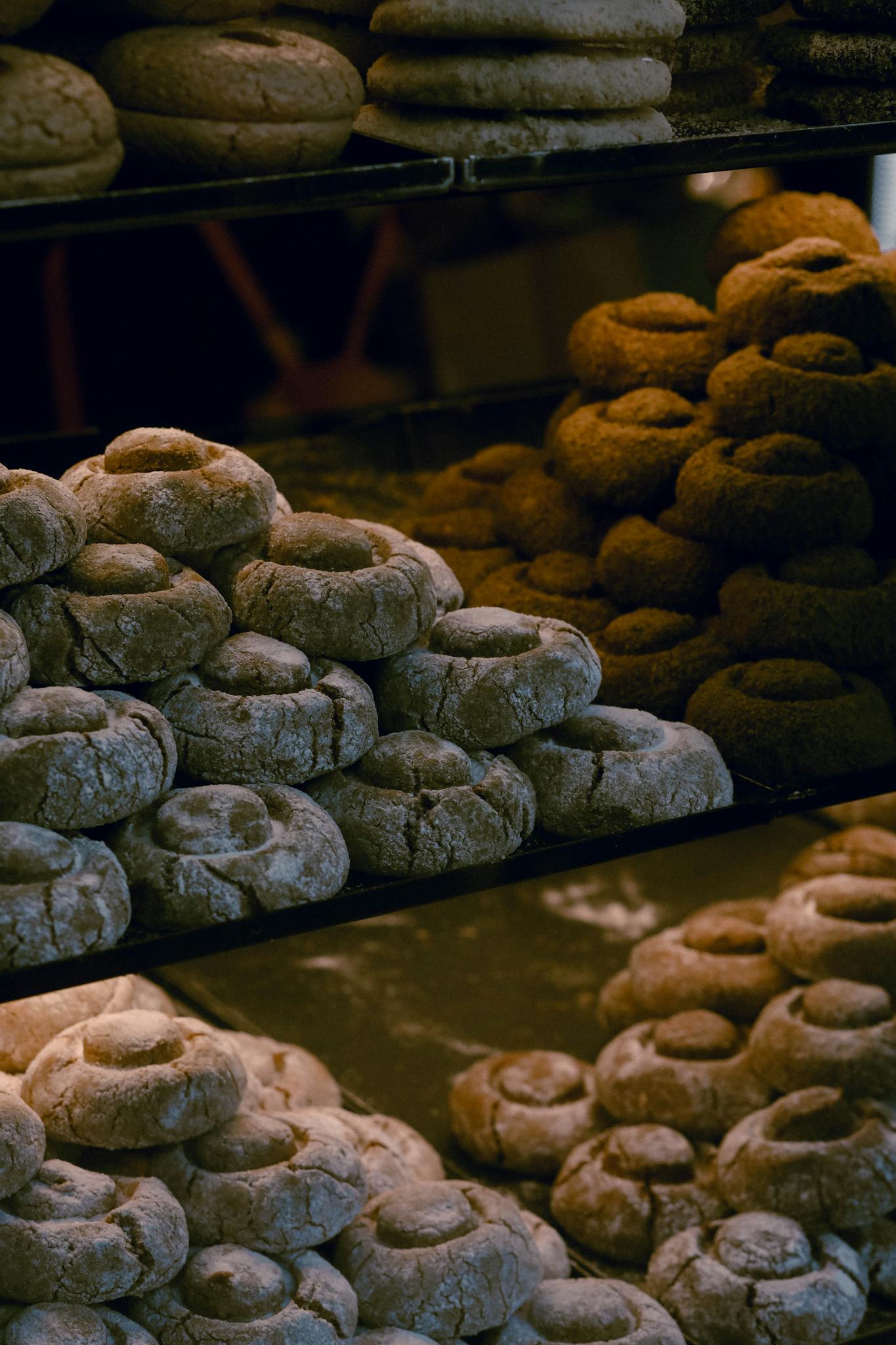 Delicious variety of freshly baked pastries displayed on trays in a bakery in Istanbul, Turkey.